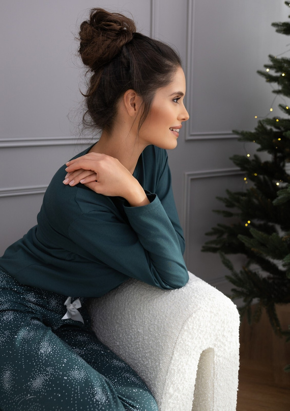 June Dámské pyžamo Sensis zelené - bavlněné pyžamo s dlouhými rukávy a vzorovanými kalhotami