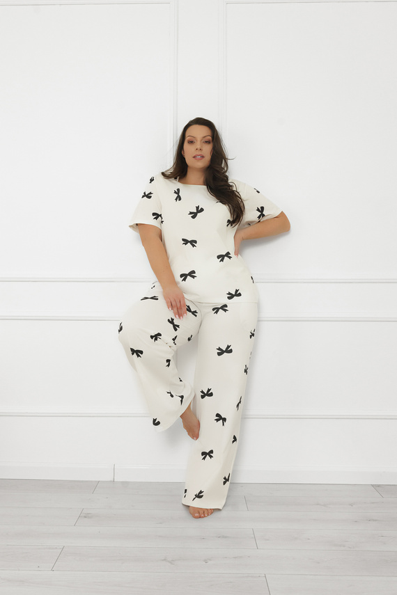 Dámské pyžamo Figaro - ecru, bavlna, krátký rukáv + dlouhé kalhoty Italian Fashion