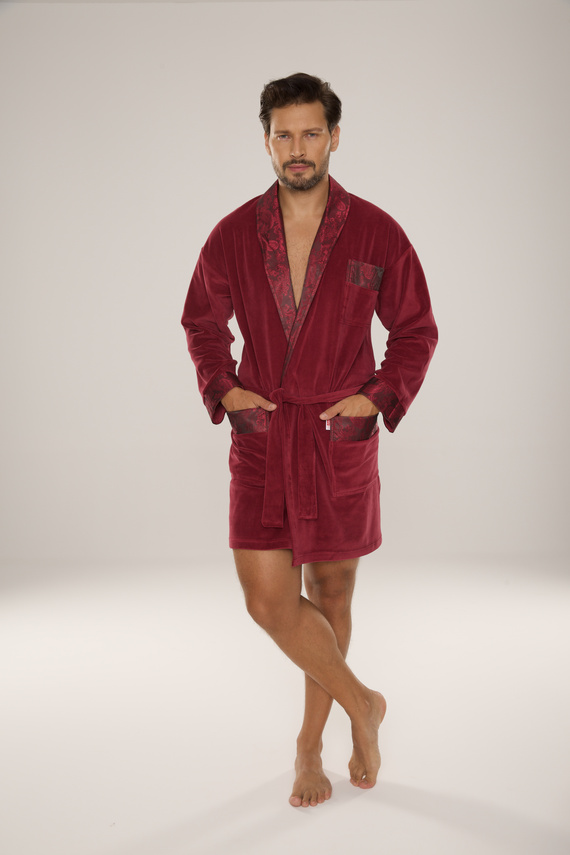 866 Noble Pánský velurový župan De Lafense - krátký, elegantní, bavlna - vínový