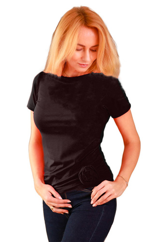 Dámská halenka Lily Mirale z viskózy - krátký rukáv, ozdobná růže - černá