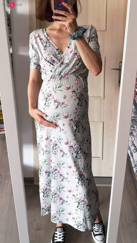 Sukienka ciążowa i do karmienia Two Ways LONG Milk&Love miętowa w magnolie i ptaki