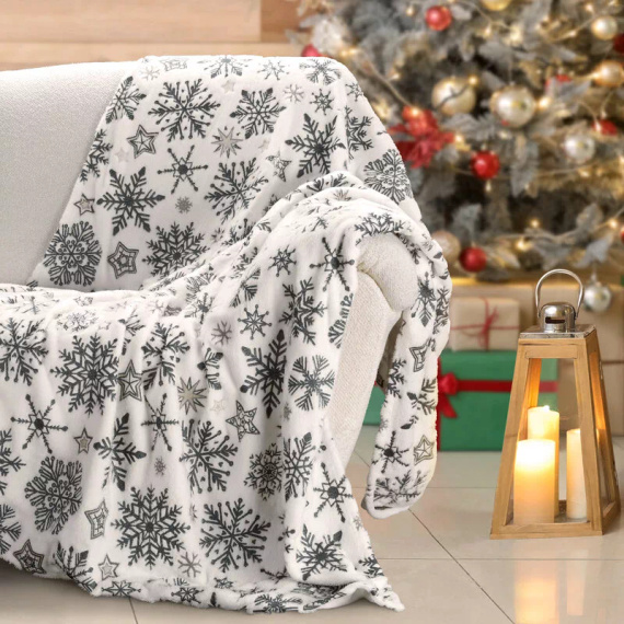 Eurofirany Vánoční deka bílá tmavě modrá sněhové vločky - měkký přehoz z mikrovlákna, 240 g/m²