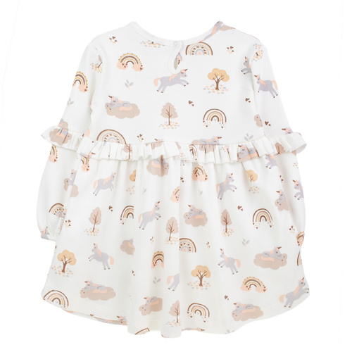 141970 Nicol šaty s dlouhým rukávem - krémová bavlna s jednorožci