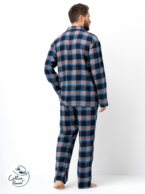 Pánské pyžamo Key MNS 431 navy blue - bavlněný flanel, dlouhý rukáv, zapínání na knoflíky
