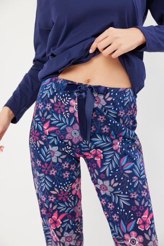 Folk Dámské pyžamo s dlouhým rukávem, dlouhé kalhoty Italian Fashion - tmavě modrá/potisk