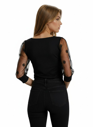 Elegantní dámská halenka Teria 3/4 Eldar černá- viskóza, buffové rukávy, tylová výšivka, kulatý výstřih, pásek