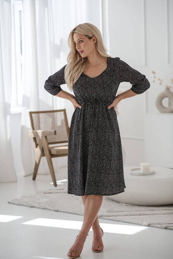 Lovely Dress Midi sukienka ciążowa i do karmienia rękaw 3/4 Milk&Love kropki na czarnym