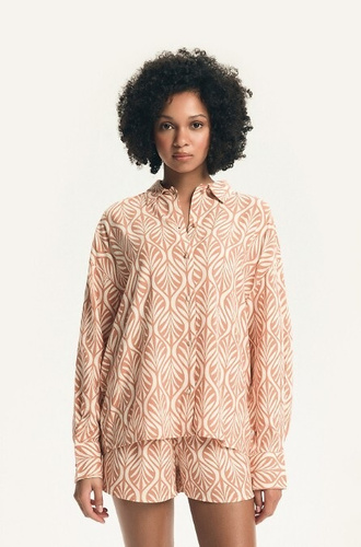 Dámské pyžamo Henderson 43664 Denise peach- Viskóza, dlouhý rukáv, límec, krátké šortky