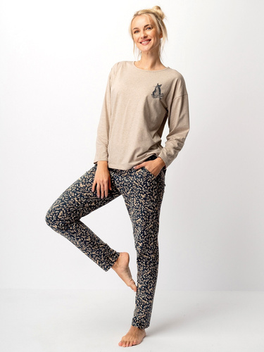 Dámské pyžamo Key LNS 707 béžové - bavlna, dlouhý rukáv, elegantní