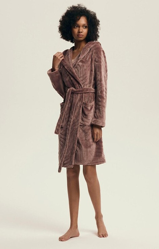 43602 Devyn Dámský župan s kapucí Henderson mahagon - krátký, teplý, velur