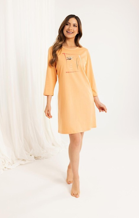 166 Dámské meruňkové bavlněné tričko - 3/4 rukáv, potisk, délka ke kolenům