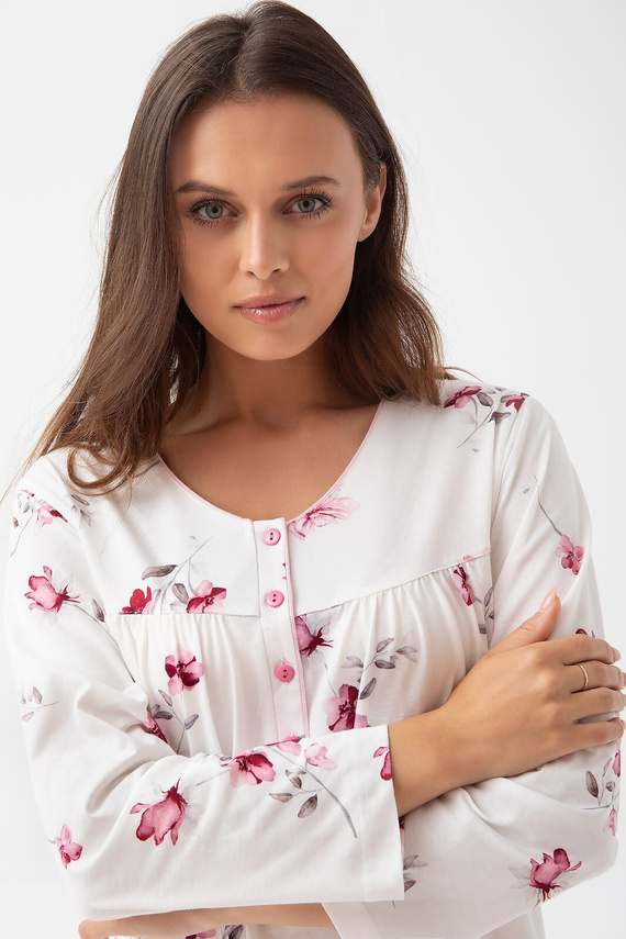 338 Noční košile Luna ecru - bavlna, dlouhý rukáv, výstřih na knoflíky