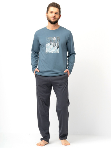 Pánské pyžamo Key MNS 627 šedé - bavlna, dlouhý rukáv, klasický střih