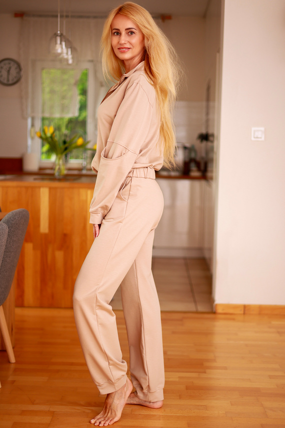 Bavlněná dámská tepláková souprava Fogo s kapsami - Mirale - polská výroba - béžová