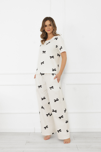 Dámské pyžamo Figaro - ecru, bavlna, krátký rukáv + dlouhé kalhoty Italian Fashion