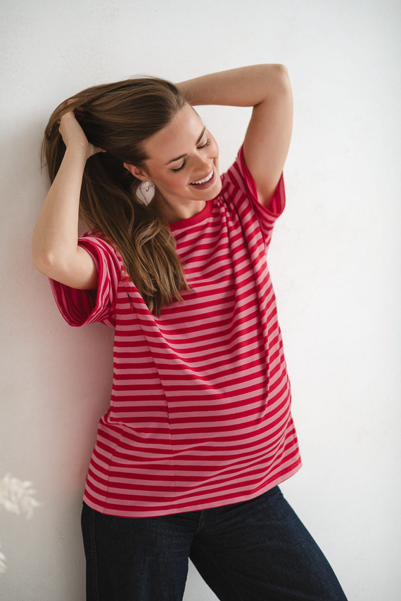 Mamahood Těhotenské a kojící tričko Milk&Love červeno-růžové pruhy - pohodlné a stylové