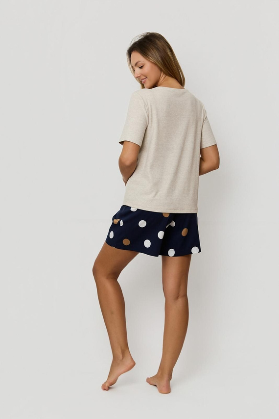 Dámské pyžamo Mefemi by Nipplex Oceane beige - žebrovaná viskóza, tričko a šortky s hráškem