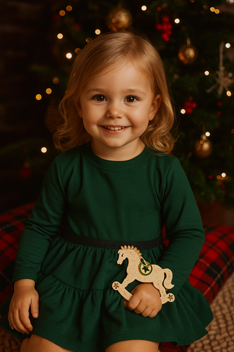 Bavlněné dívčí šaty Mamatti SE03 Merry Christmas - lahvově zelené, dlouhý rukáv