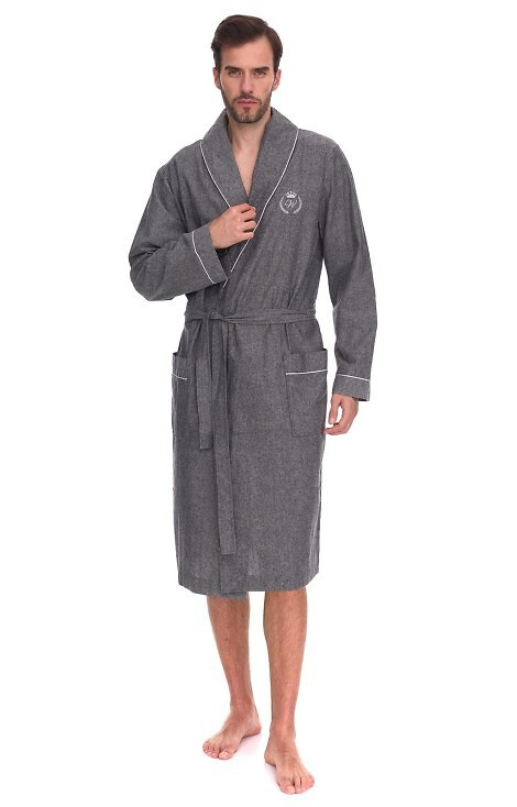 2532 Zeus Pánský župan L&L šedý - dlouhý, bavlna, melanž, klasický