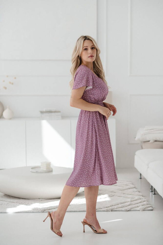 Lovely Dress Midi sukienka ciążowa i do karmienia krótki rękaw Milk&Love lilowy róż w groszki