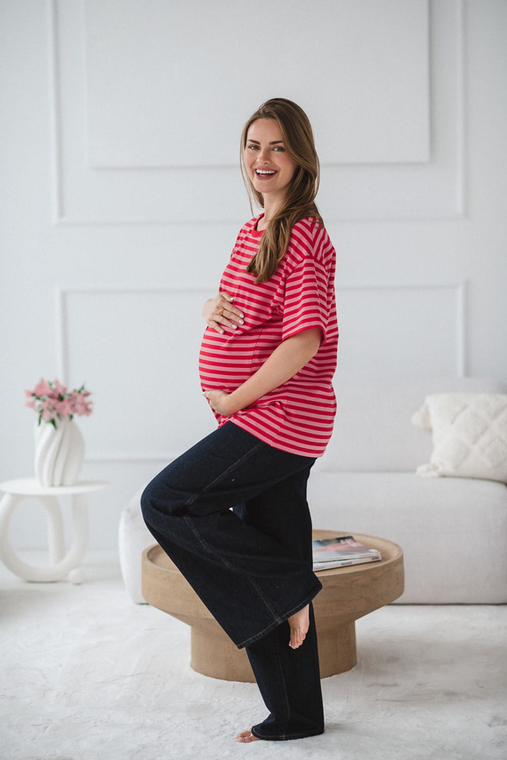 Mamahood Těhotenské a kojící tričko Milk&Love červeno-růžové pruhy - pohodlné a stylové