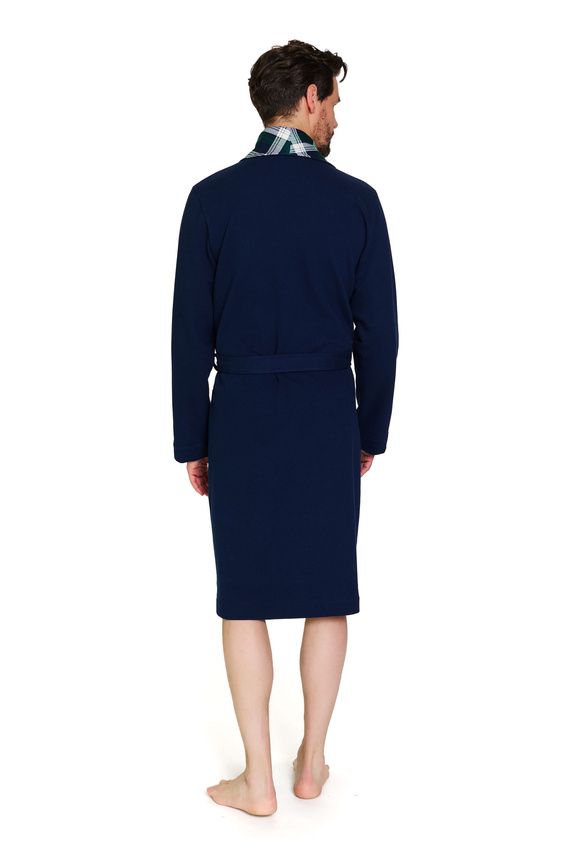 7366 Doctor Nap | Pánský prémiový tmavě modrý župan s kostkovaným lemováním - 100% bavlna - tmavě modrý