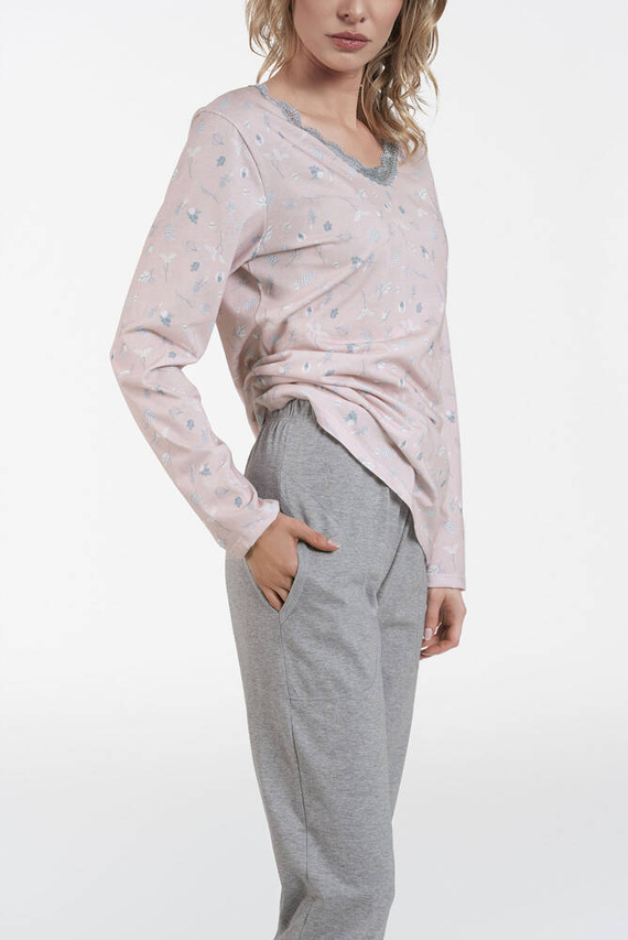 Simona Dámské pyžamo s dlouhým rukávem a dlouhé kalhoty Italian Fashion - potisk/melanžová barva