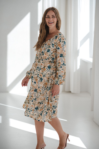 Krásné šaty Midi Milk&Love béžové květinové těhotenské a kojící šaty ze lnu, elegantní střih s kojícími zipy