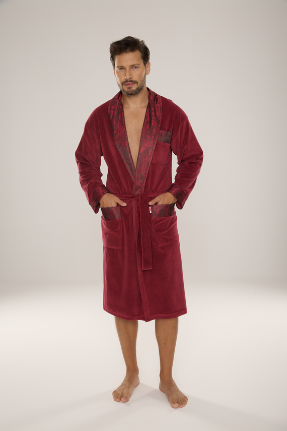 868 Noblesní pánský velurový župan De Lafense - elegantní, měkký, prémiový, vínový