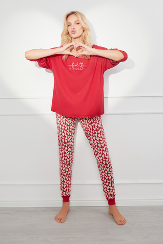 Evora Dámské pyžamo s dlouhým rukávem, dlouhé kalhoty Italian Fashion - červená/potisk