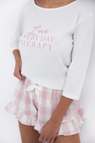 Emily Sensis - Dámské bavlněné pyžamo | 3/4 tričko a kostkované šortky s volánkem