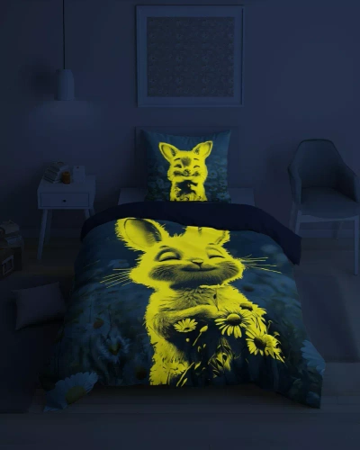 5548 A Fluo 95 Ložní povlečení svítící ve tmě zajíček v květinách 100% bavlna | Pro děti Detexpol
