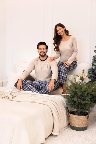 Pánské pyžamo Regina 507 béžové - bavlněné, dlouhé, tričko s potiskem a kostkované kalhoty