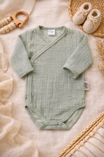 Mušelínové body Just Muslin 03235M Makoma mint - dlouhý rukáv, obálkové zapínání, 100% bavlna