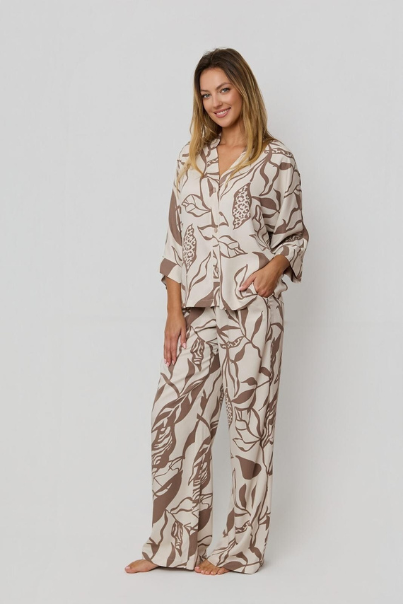 Dámské pyžamo Luna PX63 Mefemi by Nipplex mocha - 100% viskóza, zeleninový potisk, knoflíky, dlouhé kalhoty | Premium Comfort