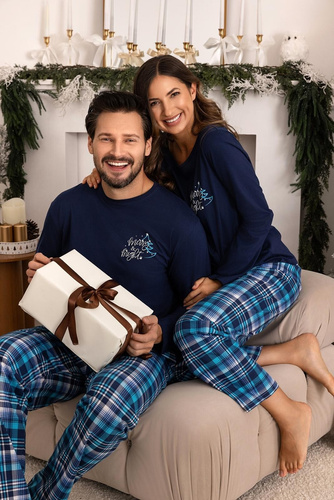 Pánské pyžamo Regina 507 tmavě modré - bavlněné, dlouhé, tričko s potiskem a kostkované kalhoty