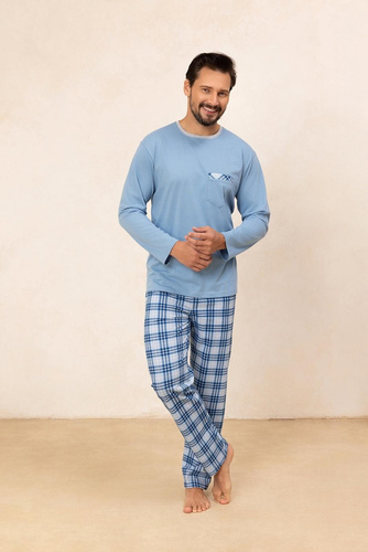 Regina 488 - modré pánské bavlněné pyžamo s dlouhým rukávem, klasický střih