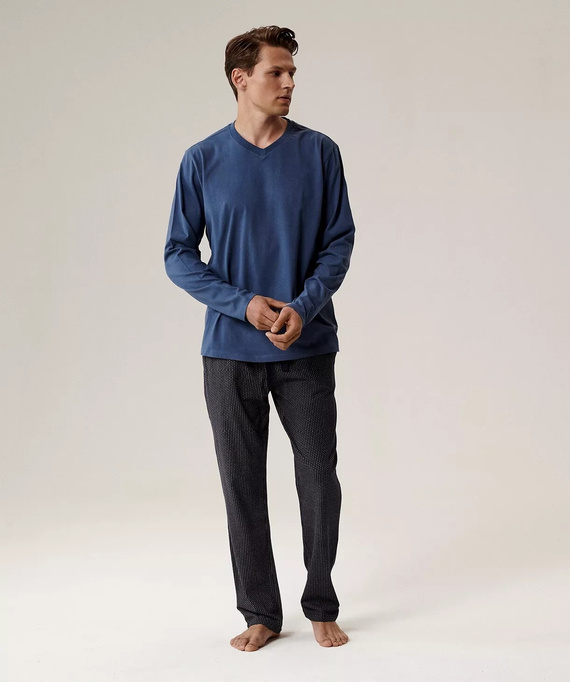 Pánské pyžamo NMP-389 Atlantic - modrá bavlna, dlouhý rukáv, stylový komplet pro chladné noci