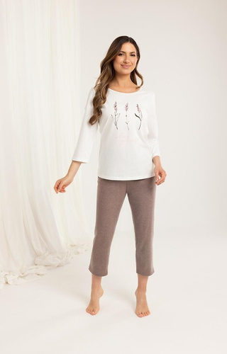 Pyžamo 703 Regina bavlna ecru - dámské, 3/4 rukávy, 7/8 kalhoty, květinový potisk