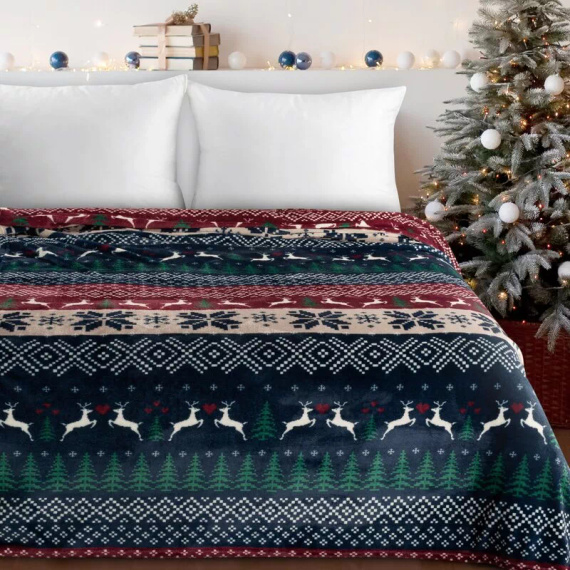 Eurofirany Vánoční deka námořnická modř červená se skandinávským vzorem - měkký přehoz z mikrovlákna, 240 g/m²
