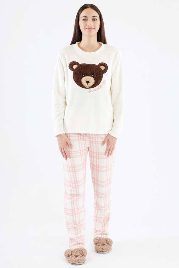 Madlen Dámské pyžamo Sorbetto ecru - fleece, s výšivkou medvídka a kostkovanými kalhotami