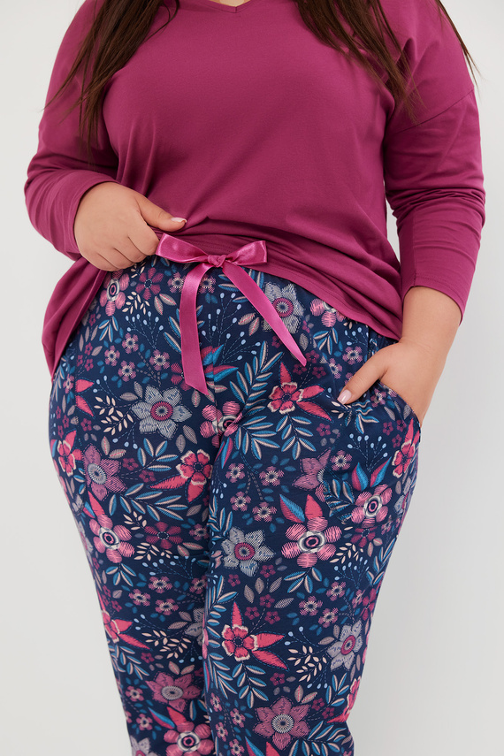 Folk Dámské pyžamo s dlouhým rukávem, dlouhé kalhoty Italská móda - ostružina/potisk