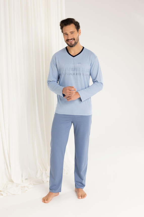 Regina 495 - modré pánské bavlněné pyžamo s dlouhým rukávem, klasický střih