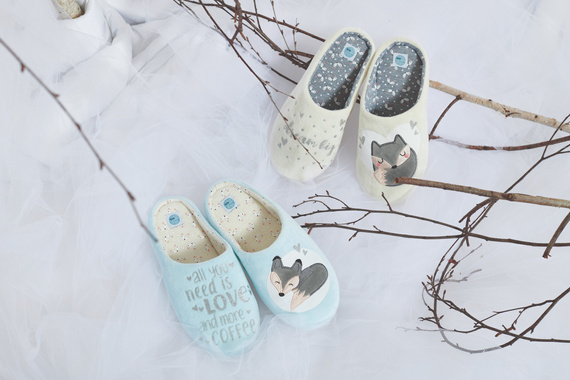 Fixy Sorbetto blue - teplé dámské pantofle s protiskluzovou podrážkou a potiskem