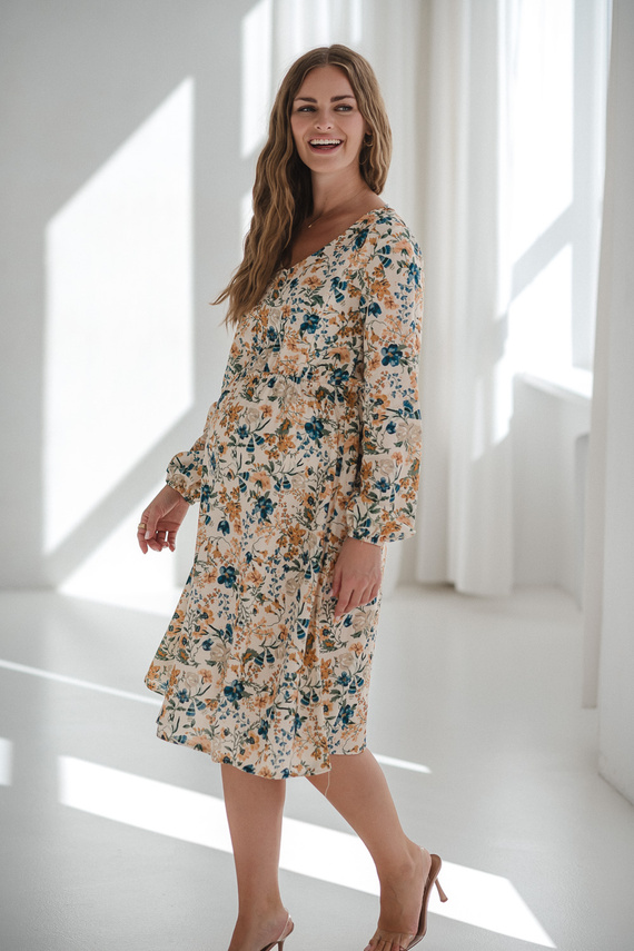 Krásné šaty Midi Milk&Love béžové květinové těhotenské a kojící šaty ze lnu, elegantní střih s kojícími zipy