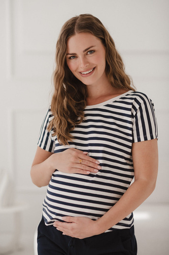 Těhotenská a kojící halenka Two Ways | Krátký rukáv, pohodlná Milk&Love námořnická modrá a bílé pruhy