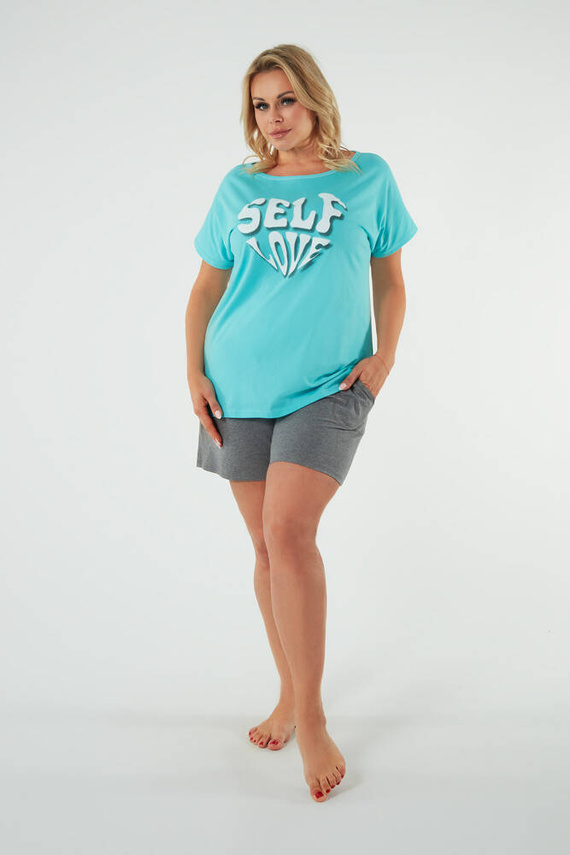 Selfie Dámské pyžamo s krátkým rukávem, šortky Italian Fashion - tyrkysová/melanžová