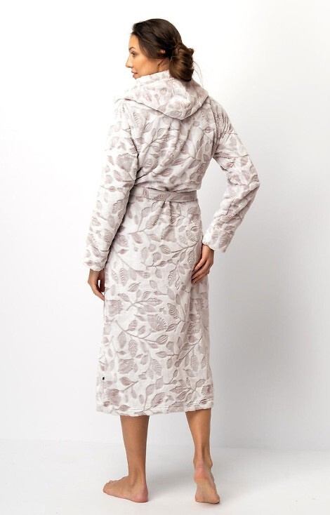 LGL 545 Klíčový dámský župan ecru-mocca - měkký, s kapucí, zavazuje se v pase