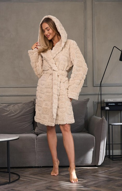 2553 Valentina L&L dámský krátký župan s kapucí a kapsami - angora