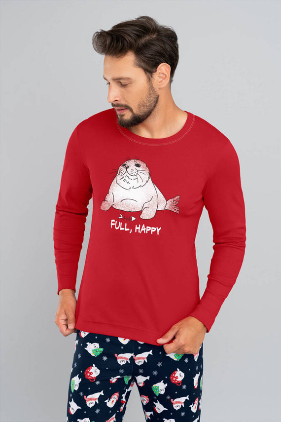 Pánské pyžamo s dlouhým rukávem, dlouhé kalhoty Italská móda - červená/potisk tmavě modrá